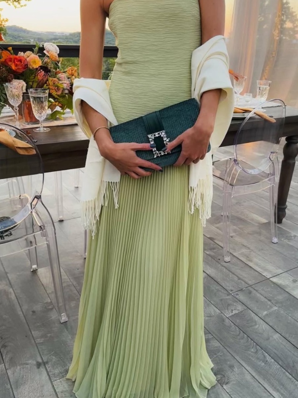 Strapless Pleated Maxi Dress in Light Green
